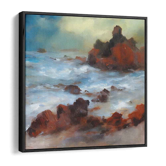 Crimson Drama By The Shore: Dramatic Crimson Coastline Canvas Art Print