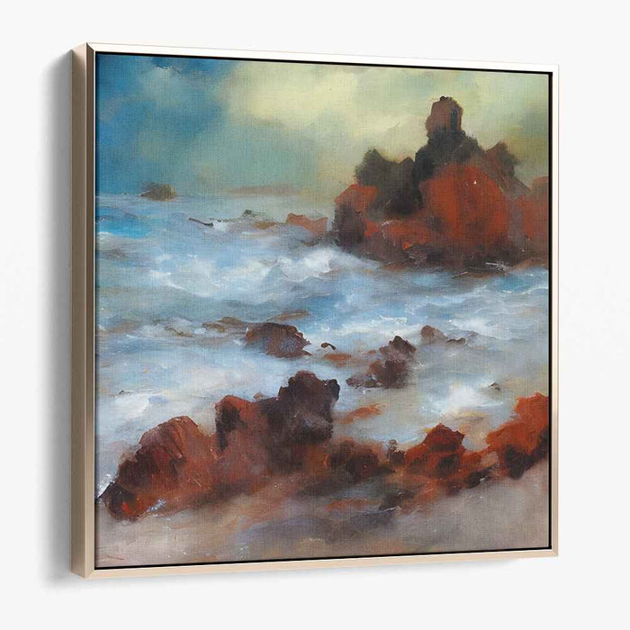 Crimson Drama By The Shore: Dramatic Crimson Coastline Canvas Art Print