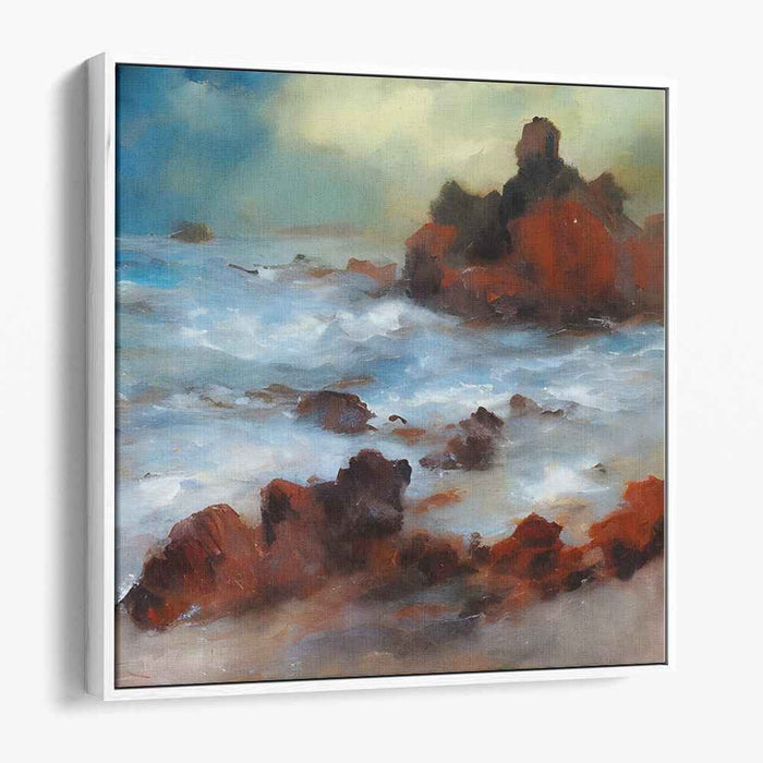Crimson Drama By The Shore: Dramatic Crimson Coastline Canvas Art Print