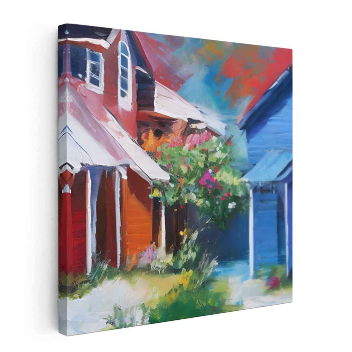 Charming Street: Vibrant Red and Blue Houses Canvas Art Print