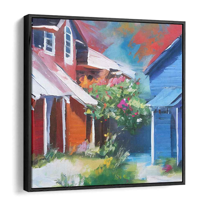 Charming Street: Vibrant Red and Blue Houses Canvas Art Print