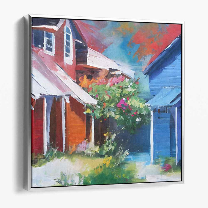 Charming Street: Vibrant Red and Blue Houses Canvas Art Print