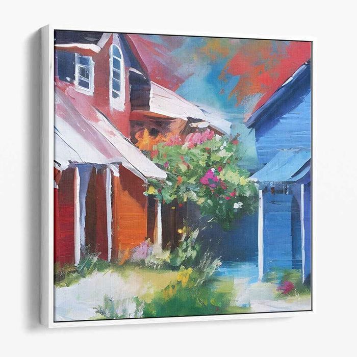 Charming Street: Vibrant Red and Blue Houses Canvas Art Print