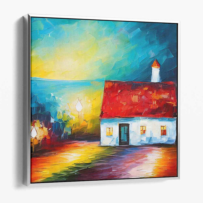 Radiant Evening: Vibrant Cottage Landscape Canvas Art Print