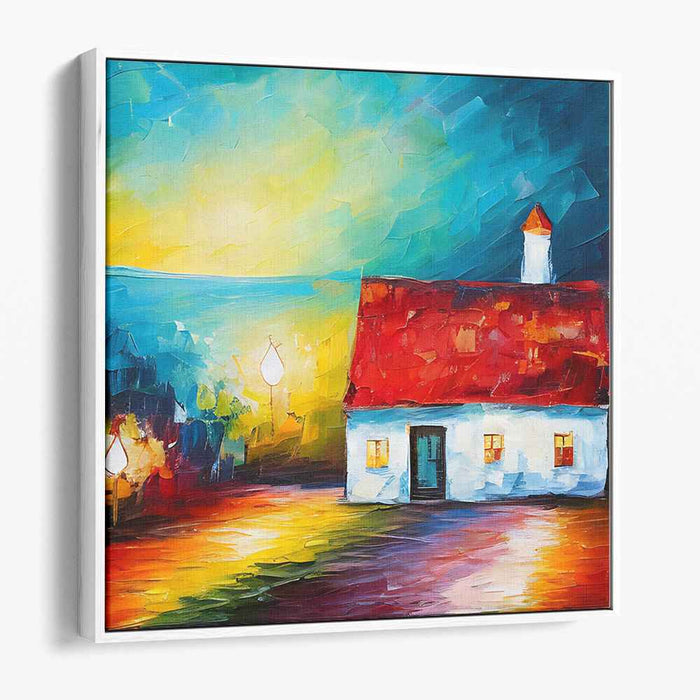 Radiant Evening: Vibrant Cottage Landscape Canvas Art Print