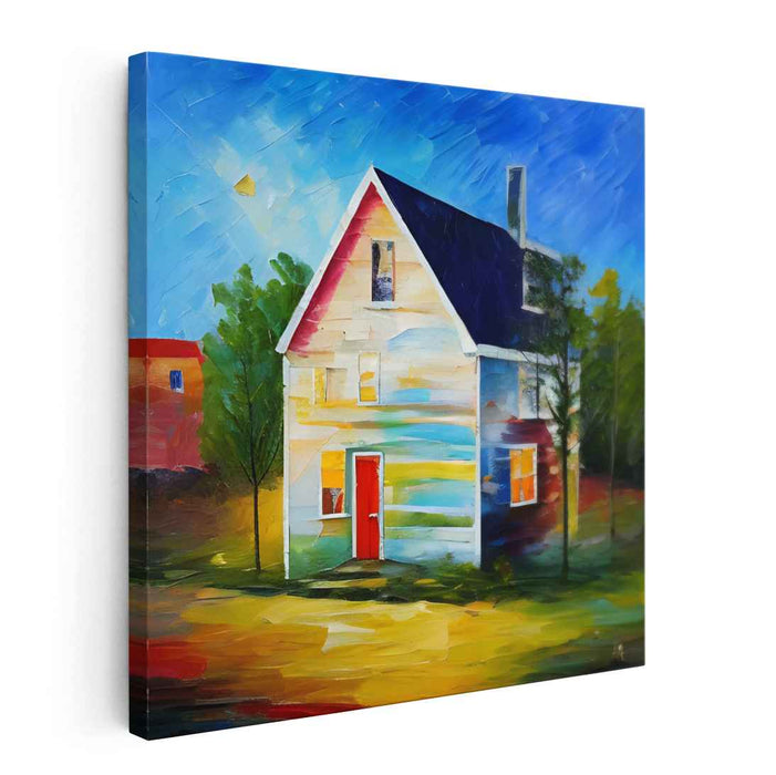 Whimsical Abode: Colorful Expressionist House Canvas Art