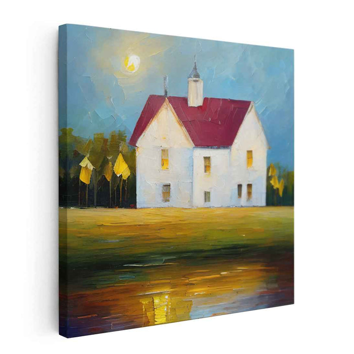 Scarlet Homestead Vision: Countryside House with Red Roof Canvas Art Print