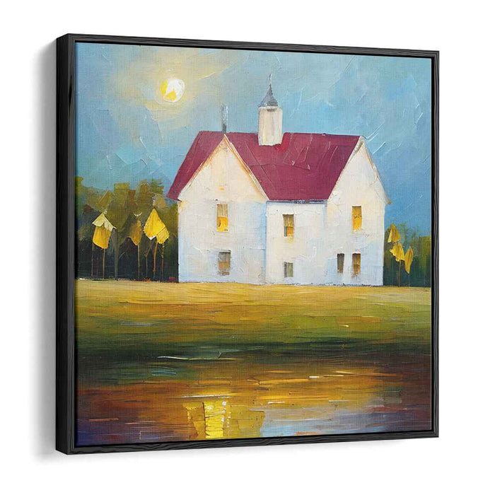 Scarlet Homestead Vision: Countryside House with Red Roof Canvas Art Print