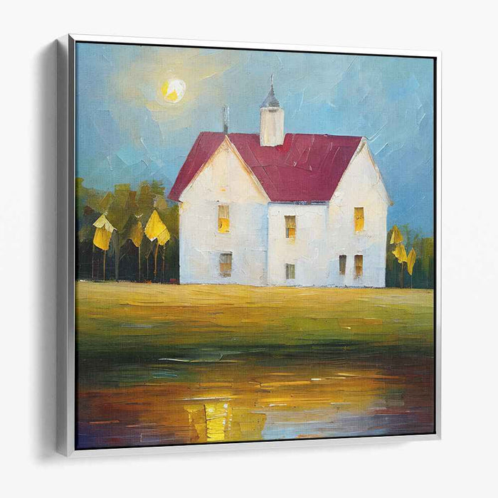 Scarlet Homestead Vision: Countryside House with Red Roof Canvas Art Print
