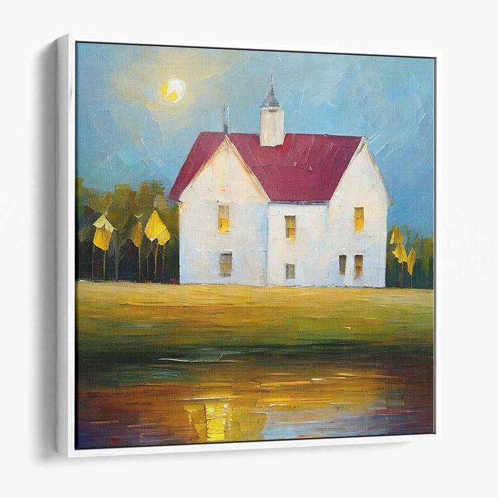 Scarlet Homestead Vision: Countryside House with Red Roof Canvas Art Print