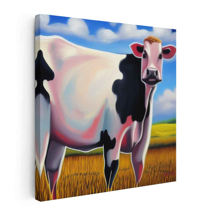 Meadow Grazing Grace: Realistic Cow in Golden Fields Canvas Art Print