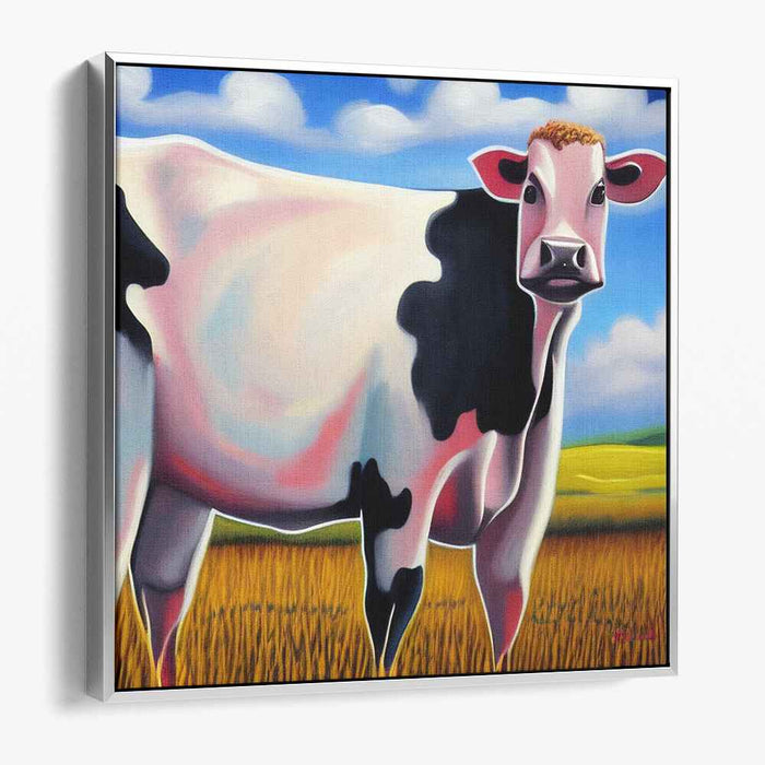 Meadow Grazing Grace: Realistic Cow in Golden Fields Canvas Art Print