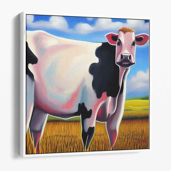 Meadow Grazing Grace: Realistic Cow in Golden Fields Canvas Art Print