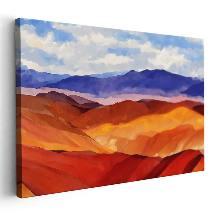 Rolling Tapestry Peaks: Impressionist Landscape of Vibrant Hills and Distant Mountains