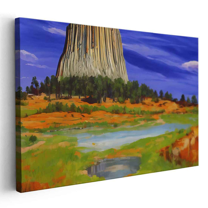 Echoing Mountain Serenity: Landscape Painting of Towering Rock and Reflective Lake