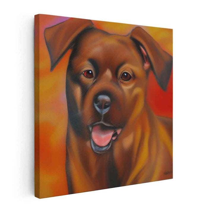 Furry Flame Pup: Lifelike Dog Portrait on Fiery Orange Canvas Art