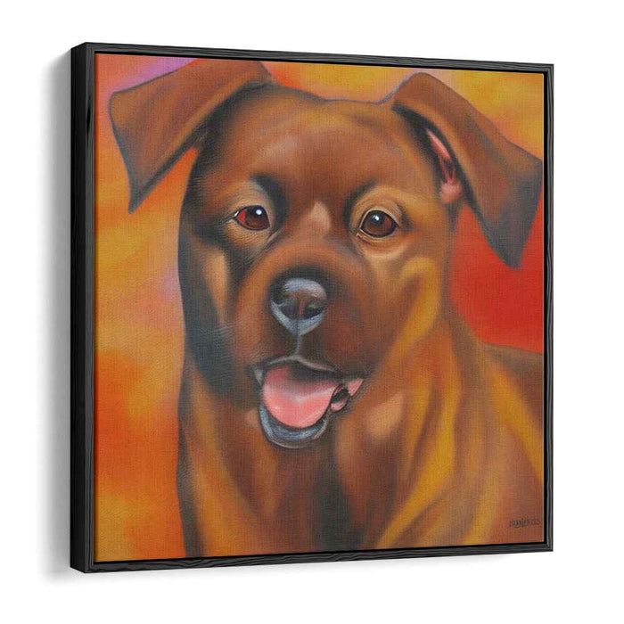 Furry Flame Pup: Lifelike Dog Portrait on Fiery Orange Canvas Art