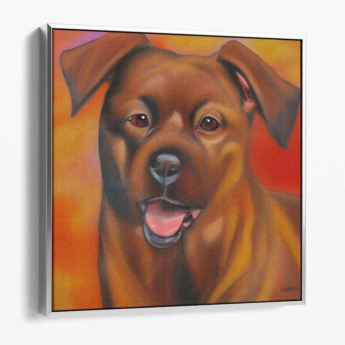 Furry Flame Pup: Lifelike Dog Portrait on Fiery Orange Canvas Art