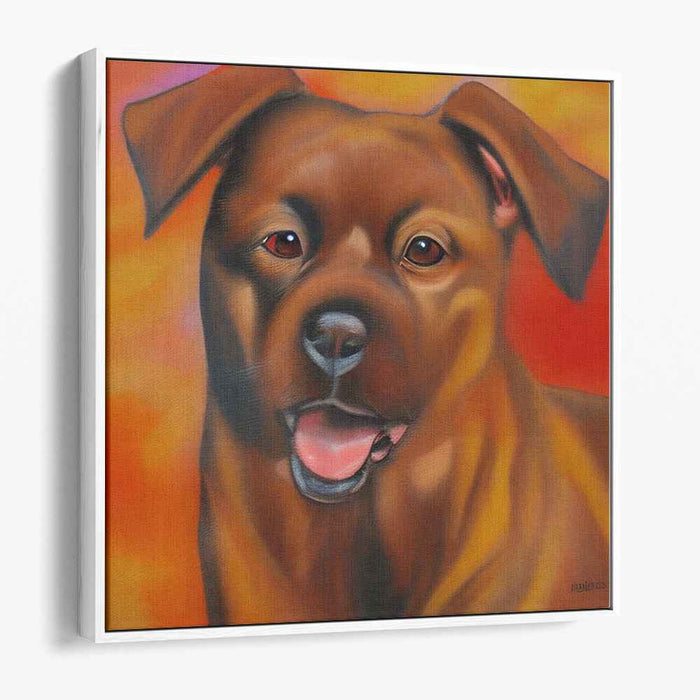 Furry Flame Pup: Lifelike Dog Portrait on Fiery Orange Canvas Art