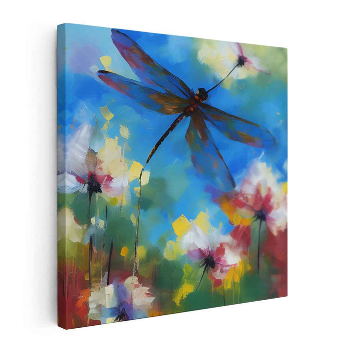 Whimsical Wings Dance Among Blooms: Colorful Dragonfly and Floral Meadow Canvas Art Print