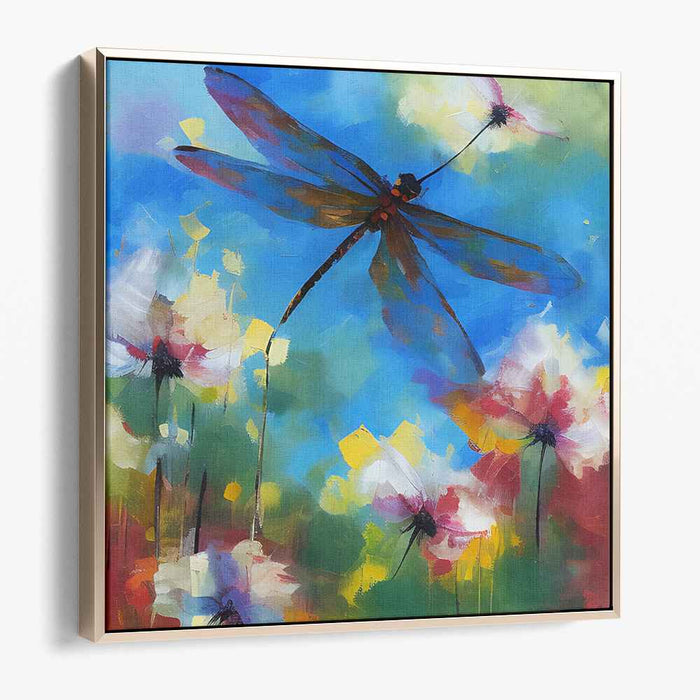 Whimsical Wings Dance Among Blooms: Colorful Dragonfly and Floral Meadow Canvas Art Print