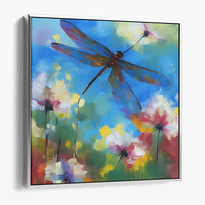 Whimsical Wings Dance Among Blooms: Colorful Dragonfly and Floral Meadow Canvas Art Print