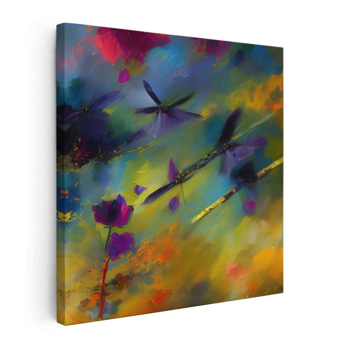 Fluttering Whimsies: Abstract Dragonflies and Blossoms Canvas Art Print