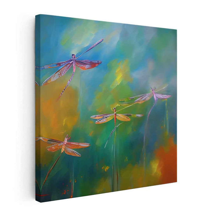Whispering Wings Bursting Colors: Vibrant Dragonflies in Abstract Harmony Canvas Art Print