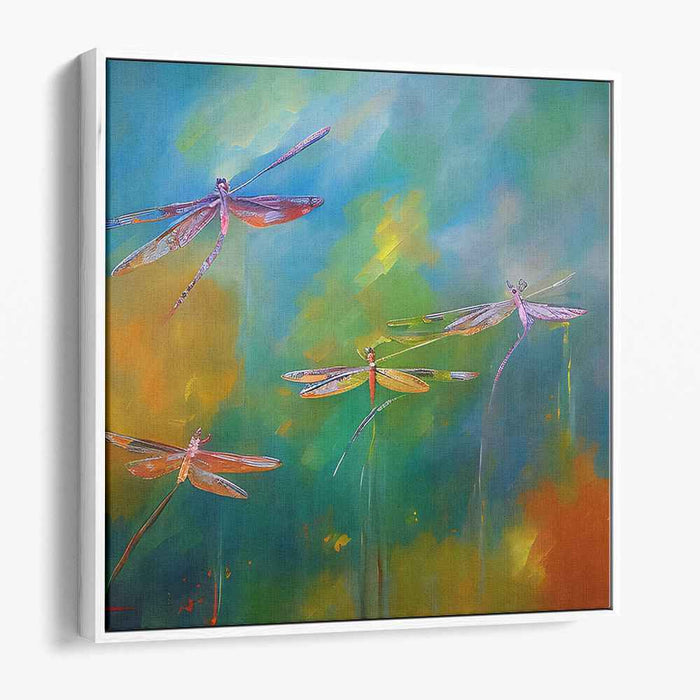 Whispering Wings Bursting Colors: Vibrant Dragonflies in Abstract Harmony Canvas Art Print