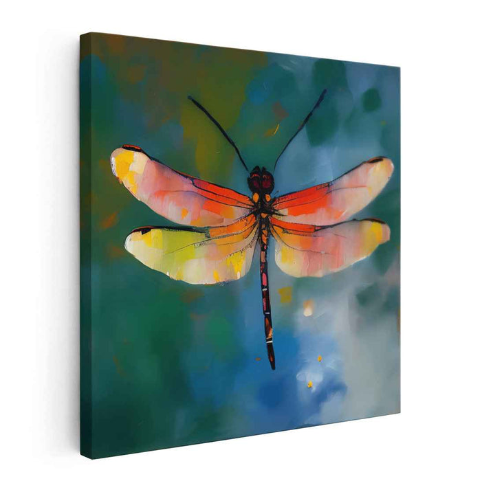 Whimsical Wings Dance Among Leaves: Impressionistic Dragonfly in Lush Waterscape Canvas Art Print