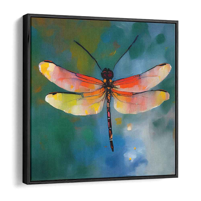 Whimsical Wings Dance Among Leaves: Impressionistic Dragonfly in Lush Waterscape Canvas Art Print