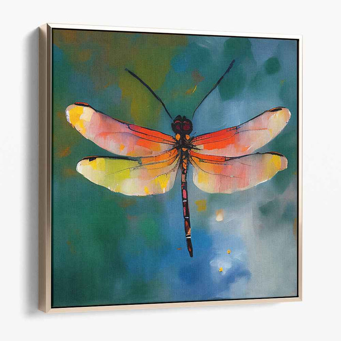 Whimsical Wings Dance Among Leaves: Impressionistic Dragonfly in Lush Waterscape Canvas Art Print