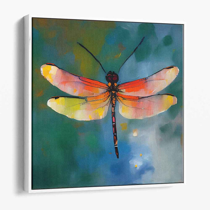 Whimsical Wings Dance Among Leaves: Impressionistic Dragonfly in Lush Waterscape Canvas Art Print