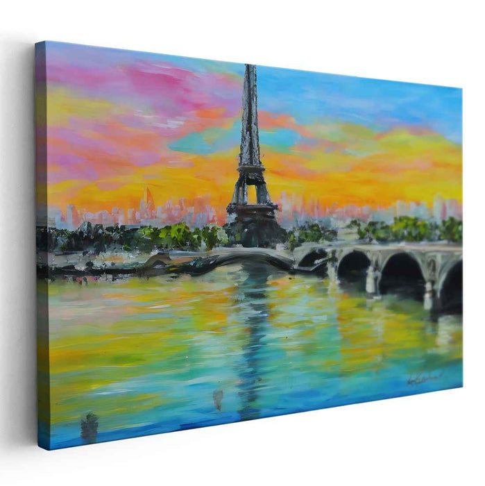 Parisian Sunset Splendor: Vibrant Eiffel Tower and Seine River Canvas Art