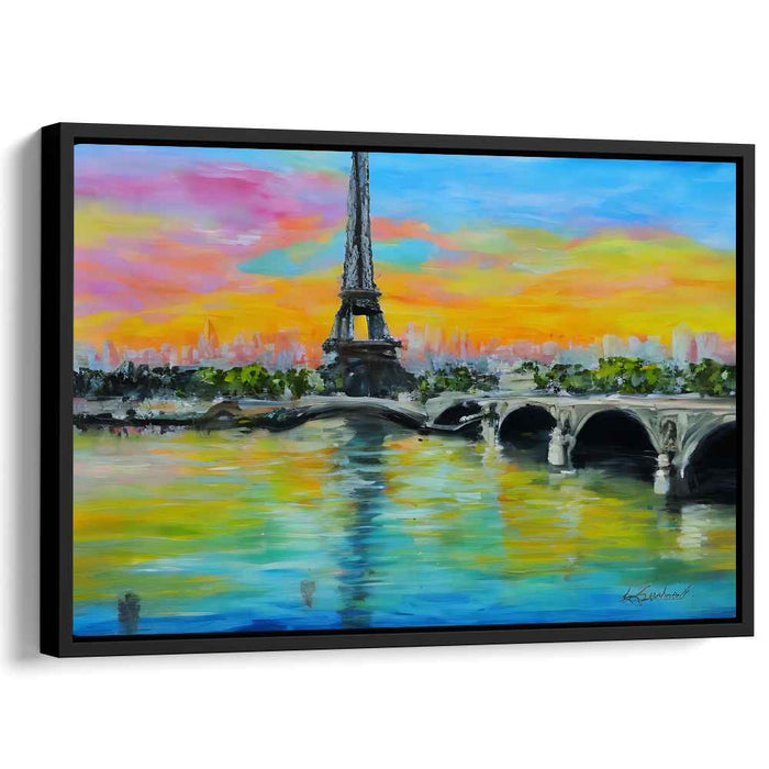 Parisian Sunset Splendor: Vibrant Eiffel Tower and Seine River Canvas Art