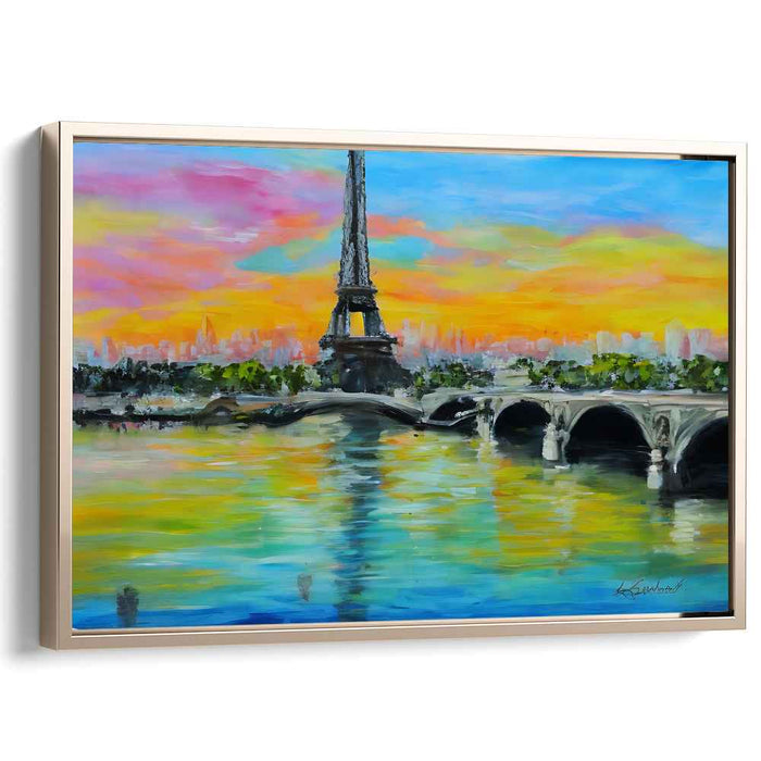 Parisian Sunset Splendor: Vibrant Eiffel Tower and Seine River Canvas Art