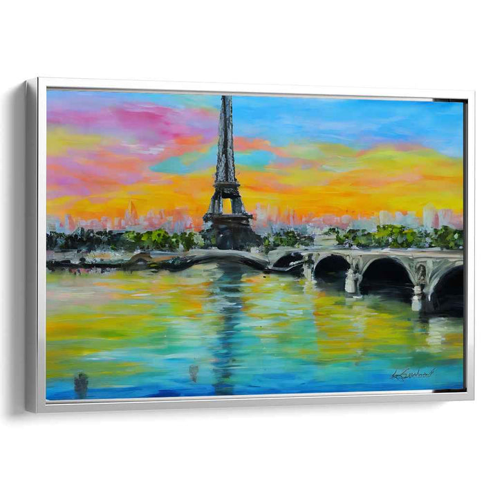 Parisian Sunset Splendor: Vibrant Eiffel Tower and Seine River Canvas Art