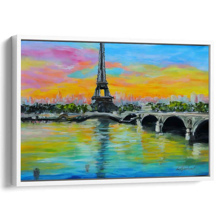 Parisian Sunset Splendor: Vibrant Eiffel Tower and Seine River Canvas Art