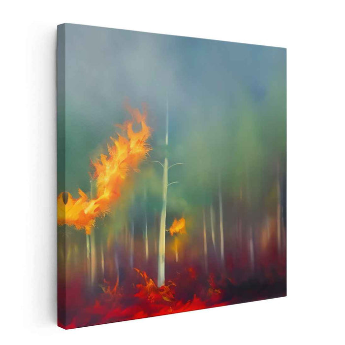 Enchanted Flames Dance Among Trees: Mystical Forest Ablaze Canvas Art Print