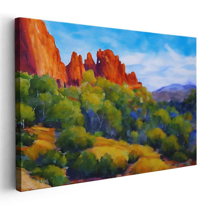 Ethereal Scarlet Eden Glow: Vibrant Red Rock and Lush Greenery Landscape Canvas Art