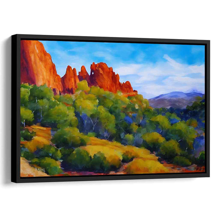 Ethereal Scarlet Eden Glow: Vibrant Red Rock and Lush Greenery Landscape Canvas Art