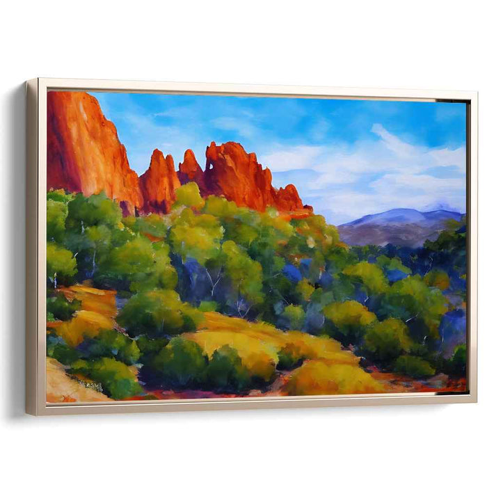 Ethereal Scarlet Eden Glow: Vibrant Red Rock and Lush Greenery Landscape Canvas Art