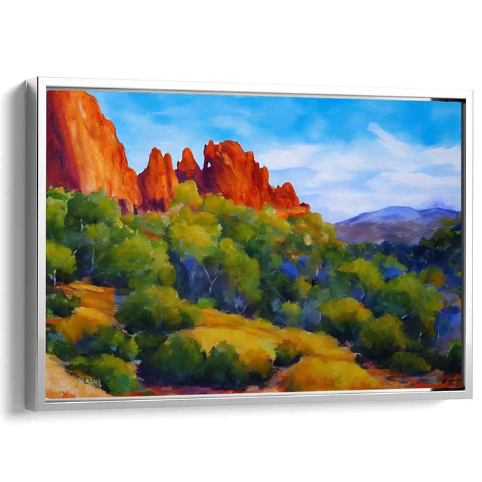 Ethereal Scarlet Eden Glow: Vibrant Red Rock and Lush Greenery Landscape Canvas Art