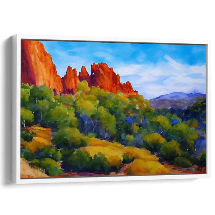 Ethereal Scarlet Eden Glow: Vibrant Red Rock and Lush Greenery Landscape Canvas Art