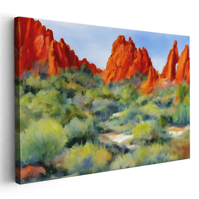 Echoes of Vermilion Gorge: Vibrant Red Rock Landscape Watercolor Painting