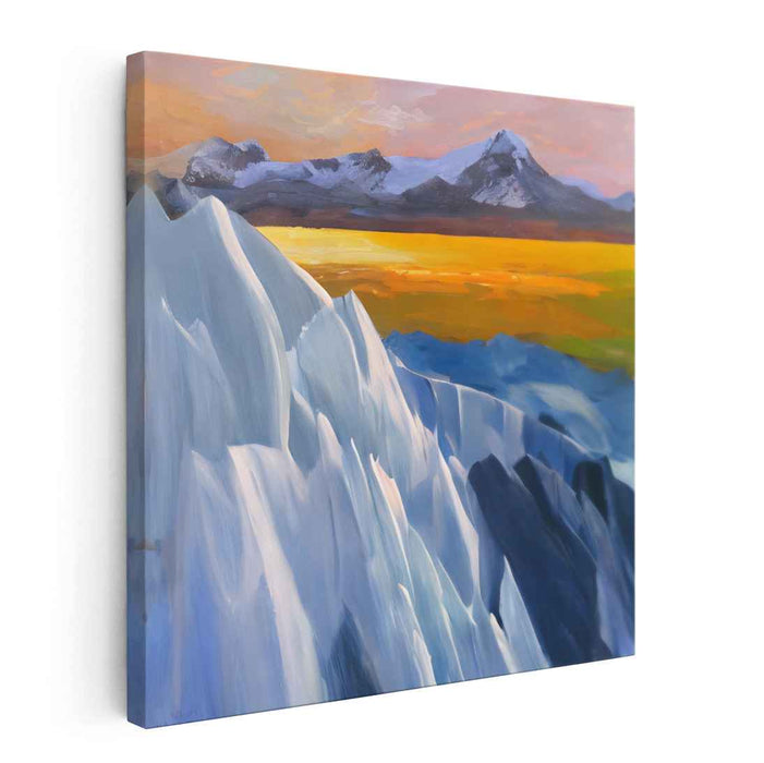 Frozen Sunsets: Serene Landscape with Icy Mountains and Golden Horizon