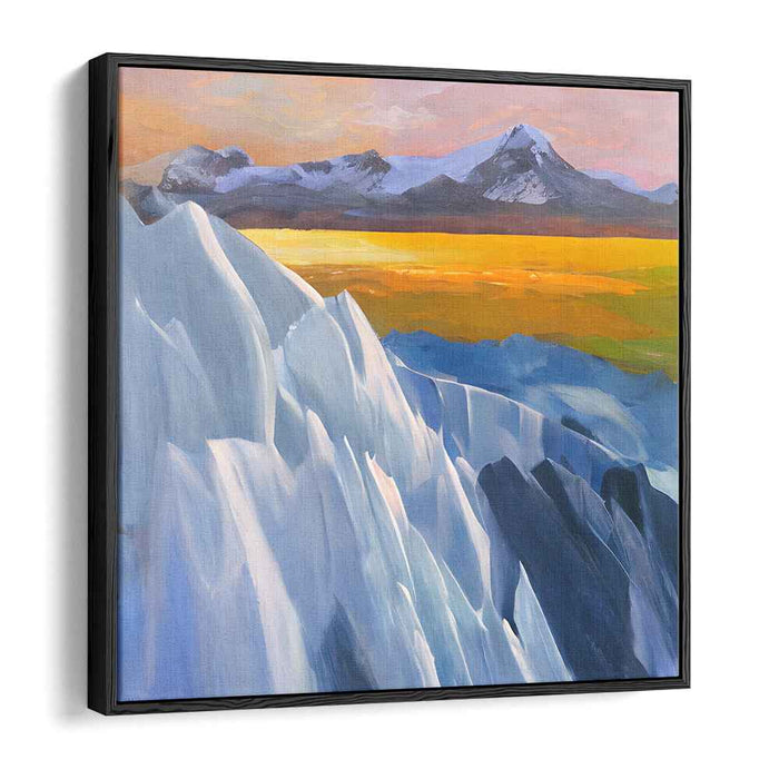 Frozen Sunsets: Serene Landscape with Icy Mountains and Golden Horizon