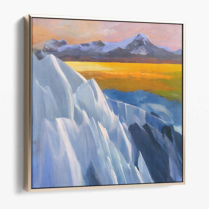 Frozen Sunsets: Serene Landscape with Icy Mountains and Golden Horizon