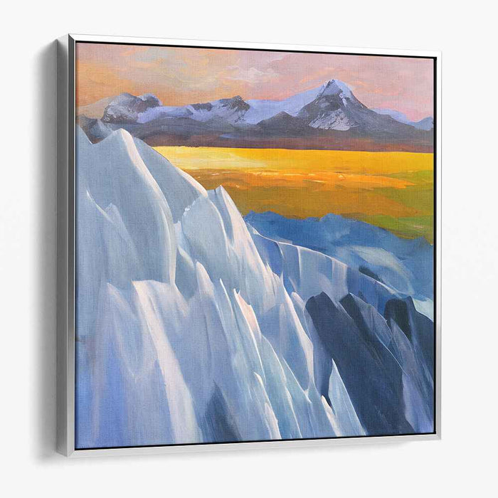 Frozen Sunsets: Serene Landscape with Icy Mountains and Golden Horizon