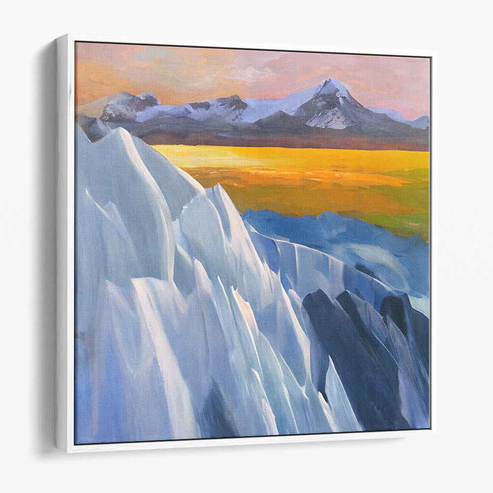Frozen Sunsets: Serene Landscape with Icy Mountains and Golden Horizon